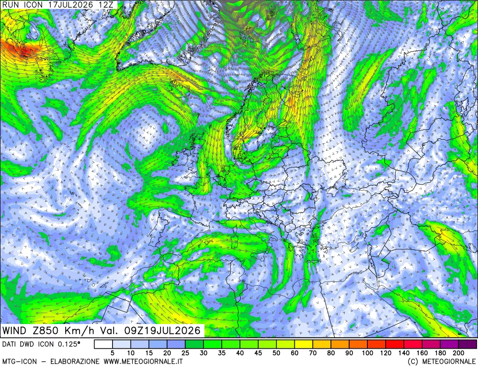 mappa 850 hPa Vento forza e direzione