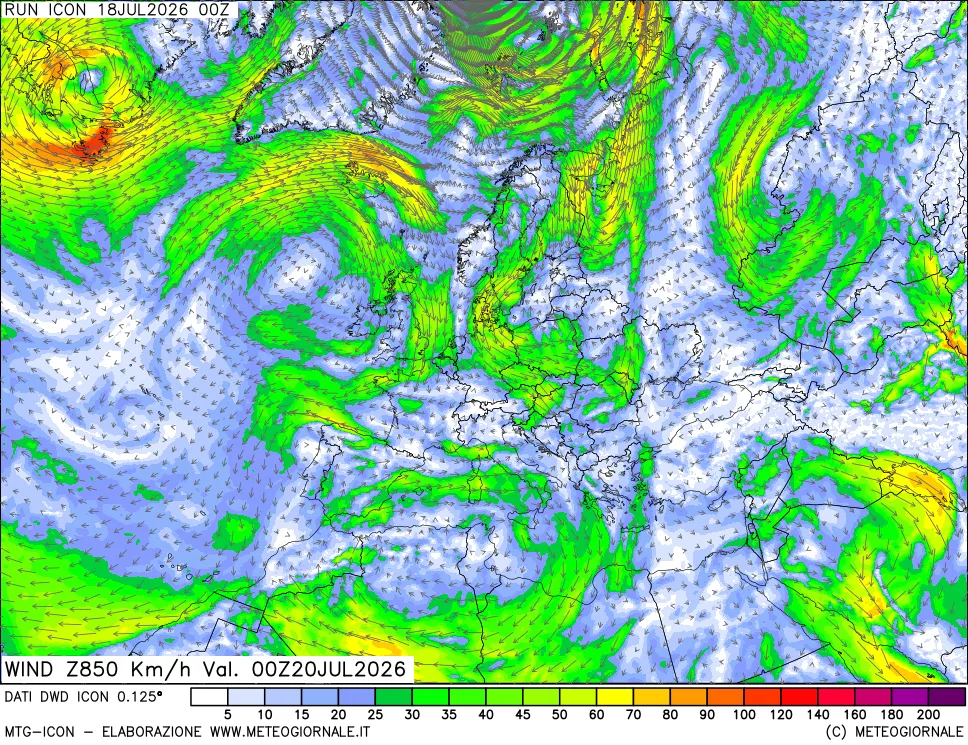 mappa 850 hPa Vento forza e direzione
