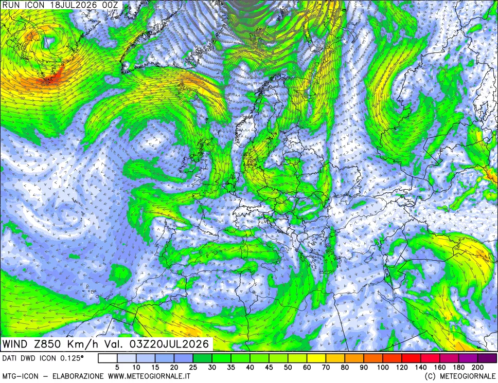 mappa 850 hPa Vento forza e direzione