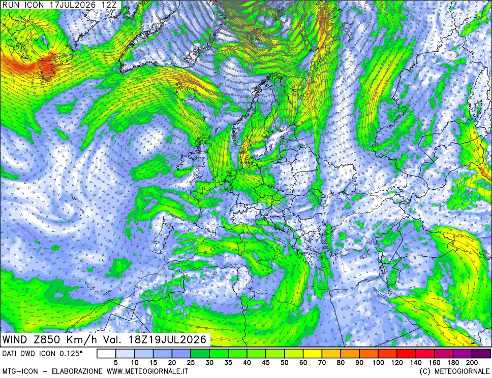 mappa 850 hPa Vento forza e direzione