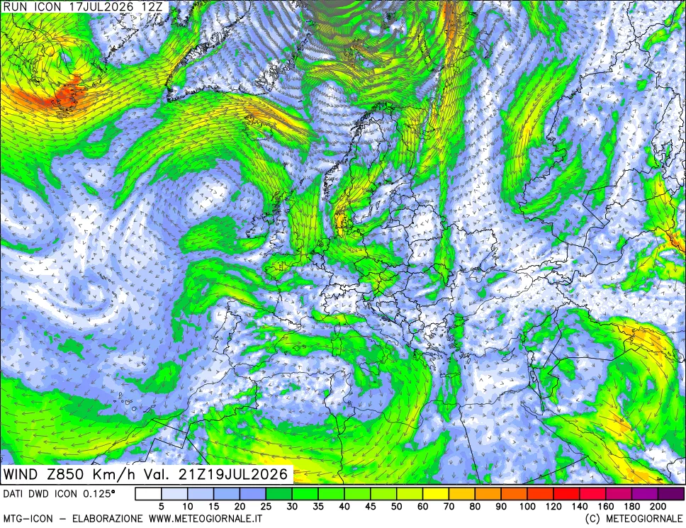 mappa 850 hPa Vento forza e direzione