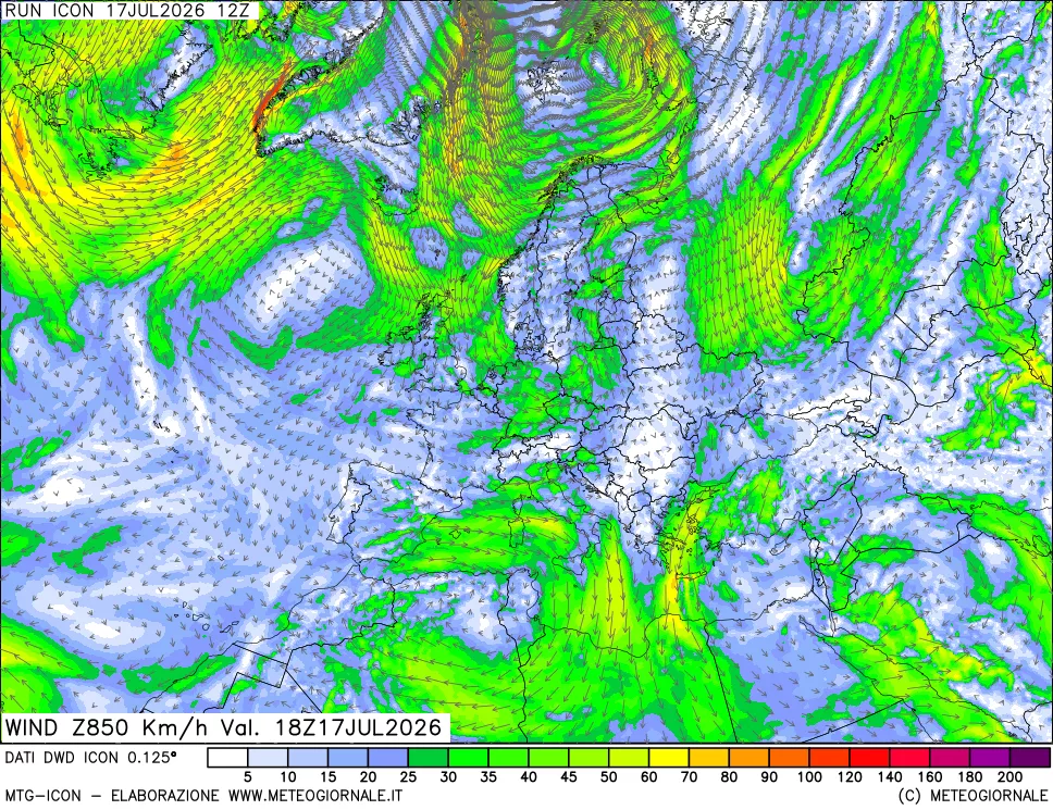 mappa 850 hPa Vento forza e direzione
