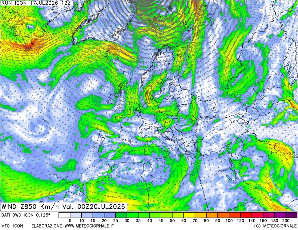 mappa 850 hPa Vento forza e direzione