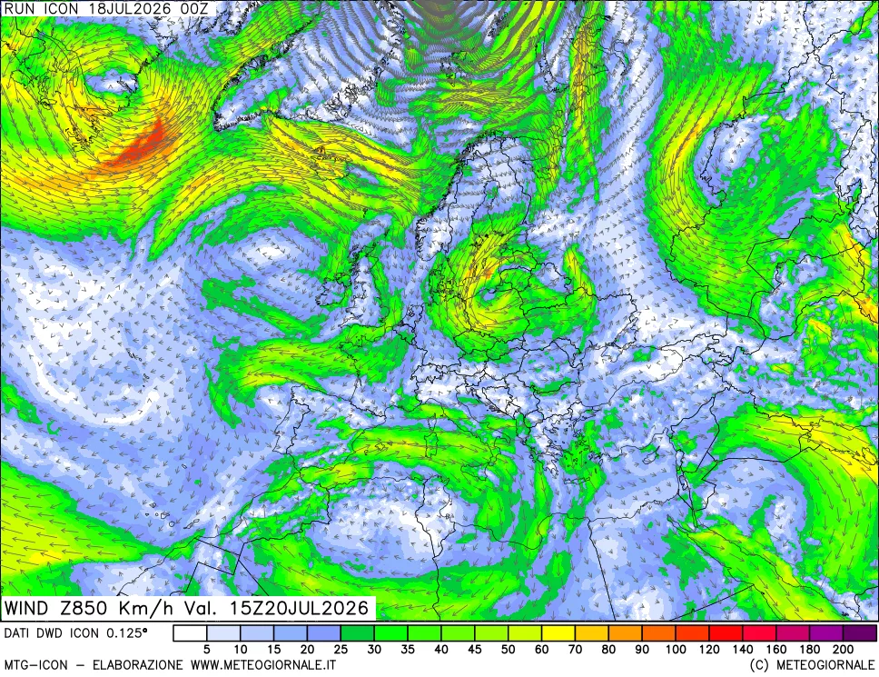 mappa 850 hPa Vento forza e direzione