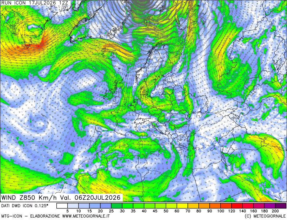 mappa 850 hPa Vento forza e direzione