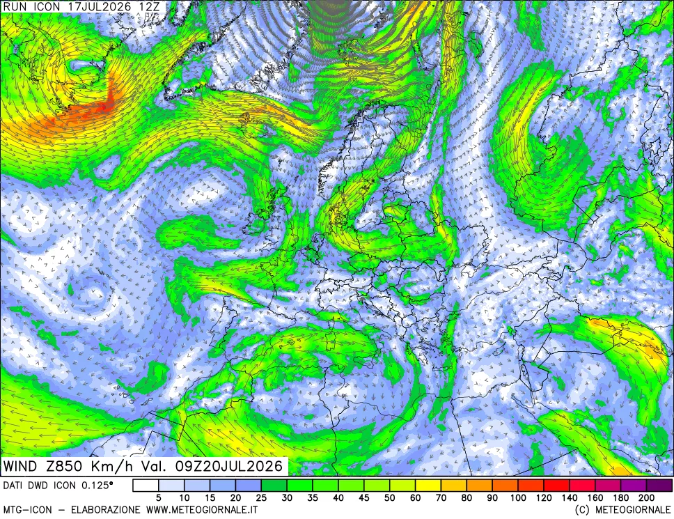 mappa 850 hPa Vento forza e direzione