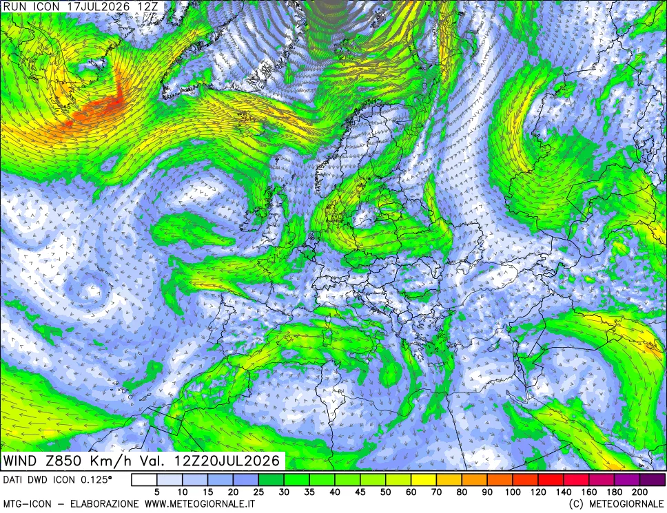 mappa 850 hPa Vento forza e direzione