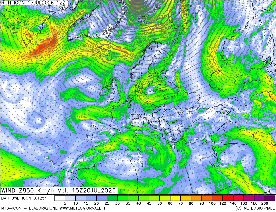 mappa 850 hPa Vento forza e direzione