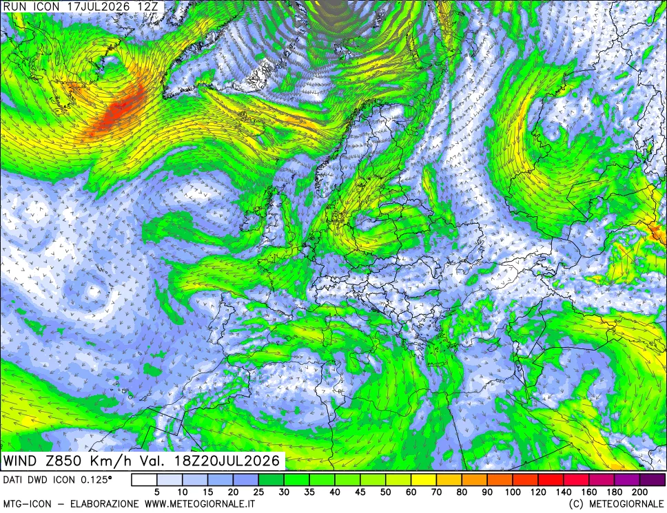 mappa 850 hPa Vento forza e direzione