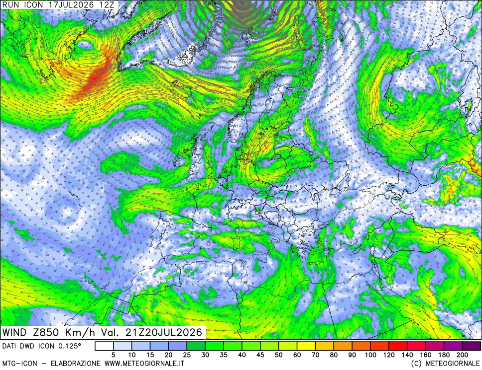 mappa 850 hPa Vento forza e direzione