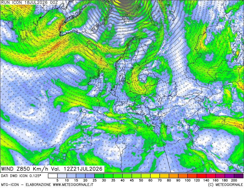 mappa 850 hPa Vento forza e direzione