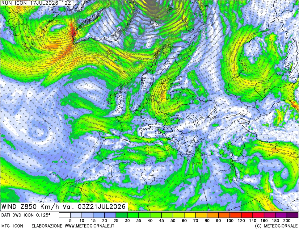 mappa 850 hPa Vento forza e direzione