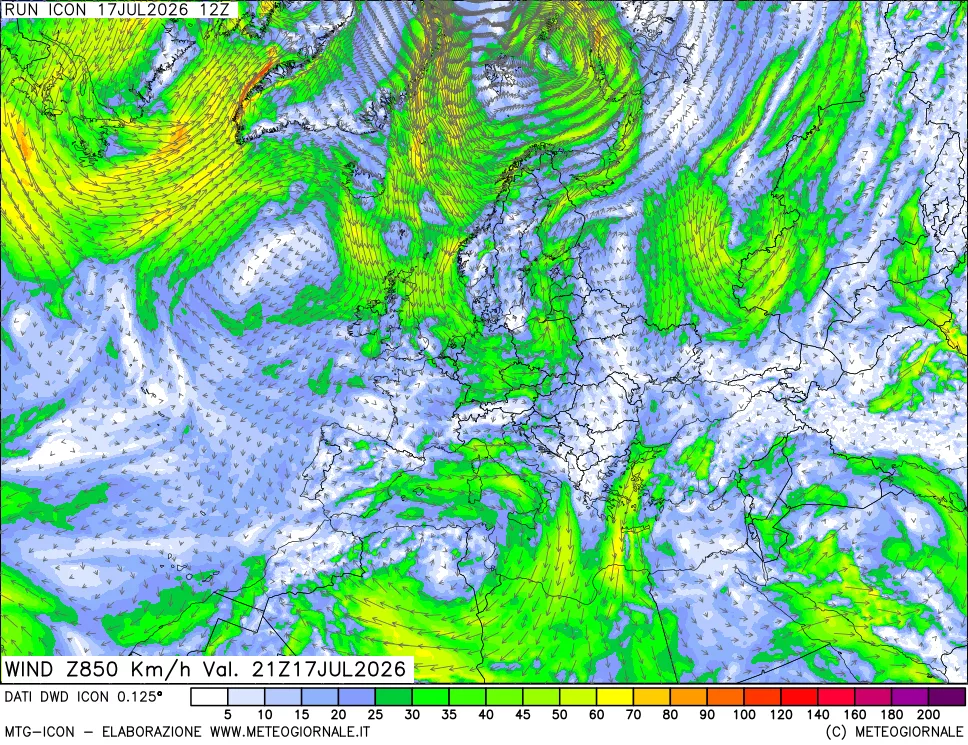 mappa 850 hPa Vento forza e direzione