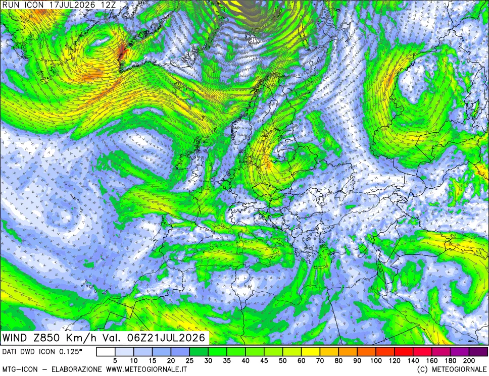 mappa 850 hPa Vento forza e direzione