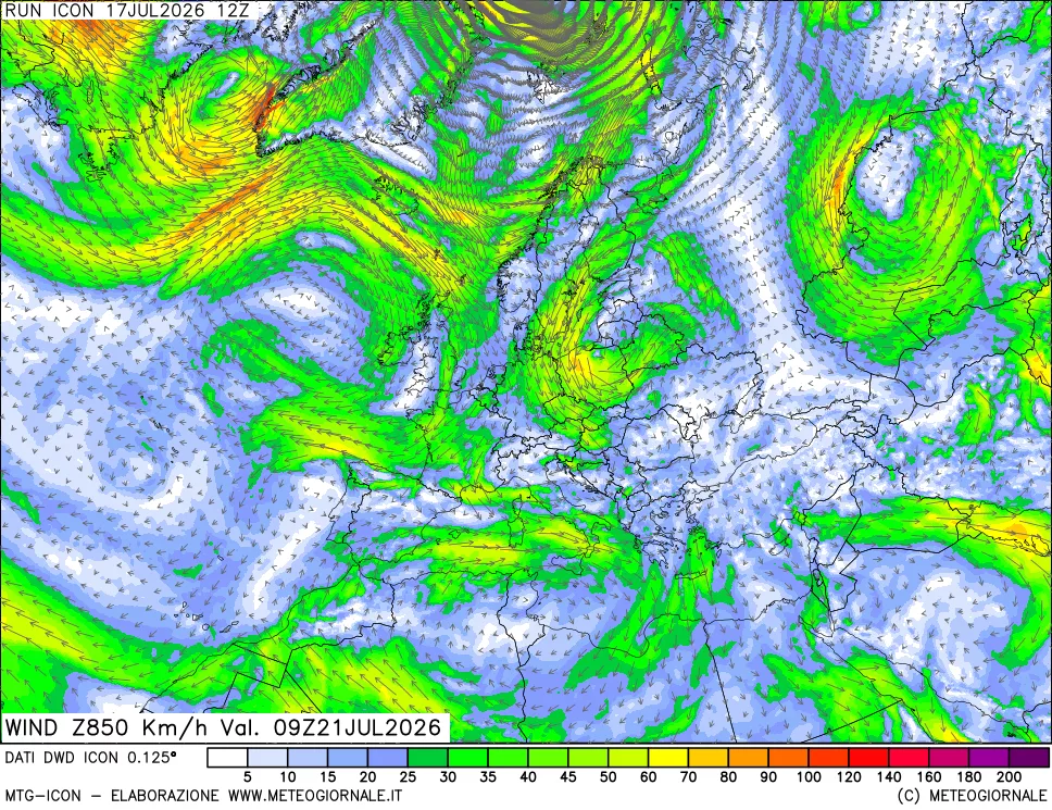 mappa 850 hPa Vento forza e direzione