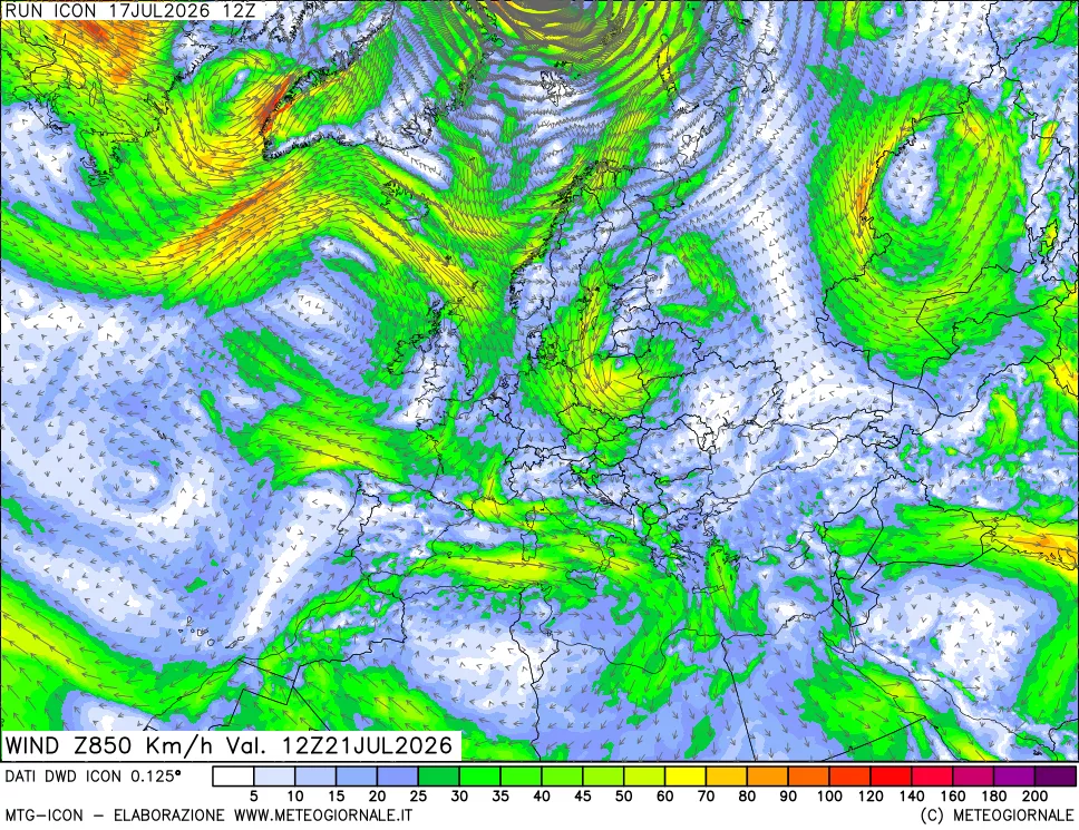 mappa 850 hPa Vento forza e direzione
