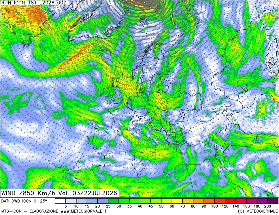 mappa 850 hPa Vento forza e direzione