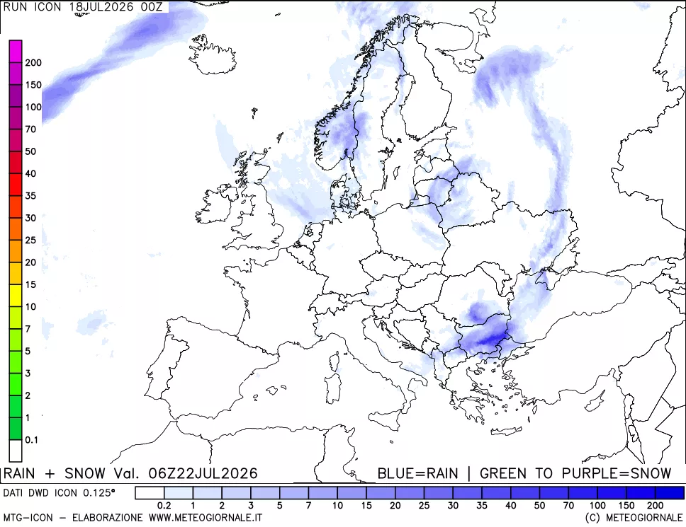 mappa Precipitazioni totali e nevose 24 ore precedenti