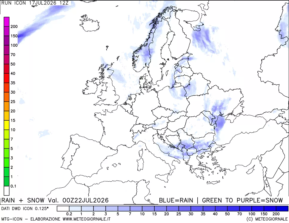 mappa Precipitazioni totali e nevose 24 ore precedenti