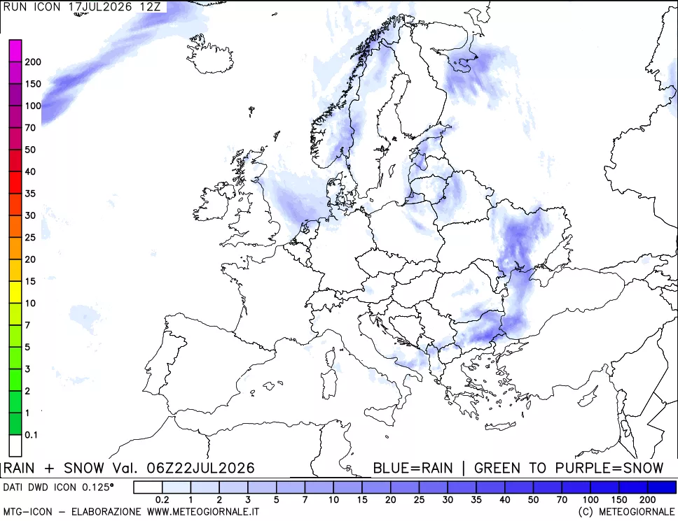 mappa Precipitazioni totali e nevose 24 ore precedenti