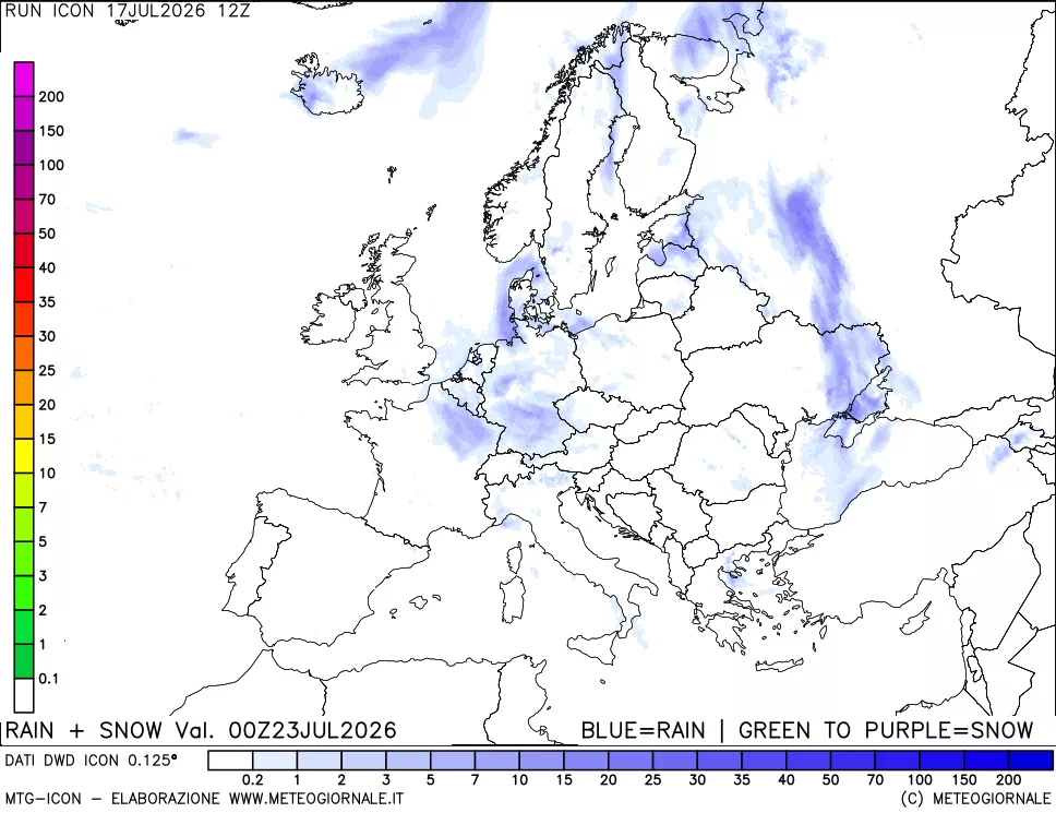 mappa Precipitazioni totali e nevose 24 ore precedenti