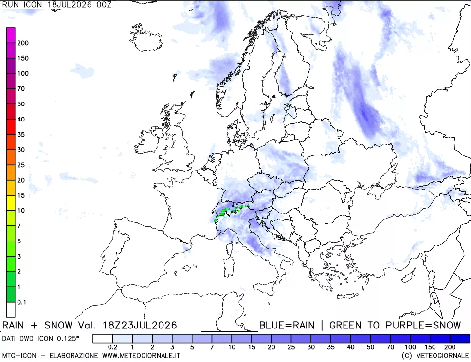 mappa Precipitazioni totali e nevose 24 ore precedenti