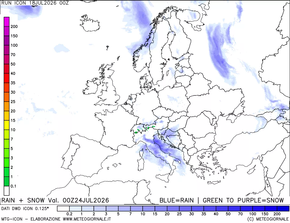 mappa Precipitazioni totali e nevose 24 ore precedenti