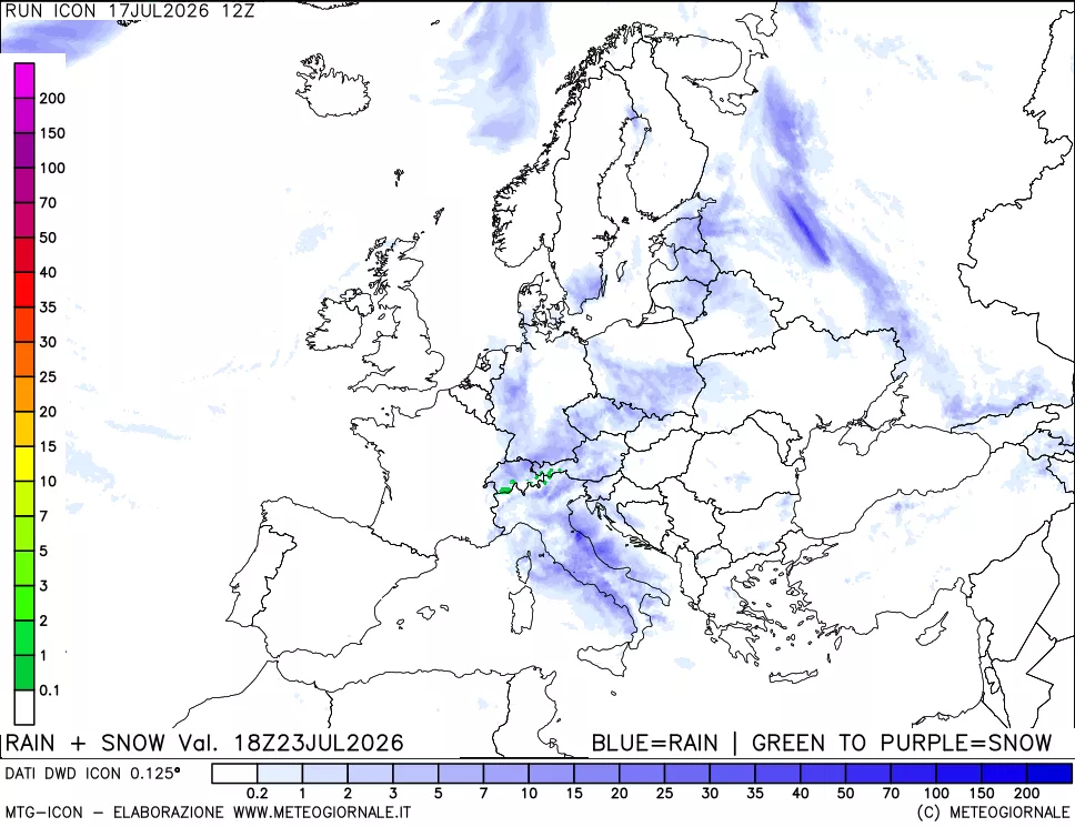 mappa Precipitazioni totali e nevose 24 ore precedenti