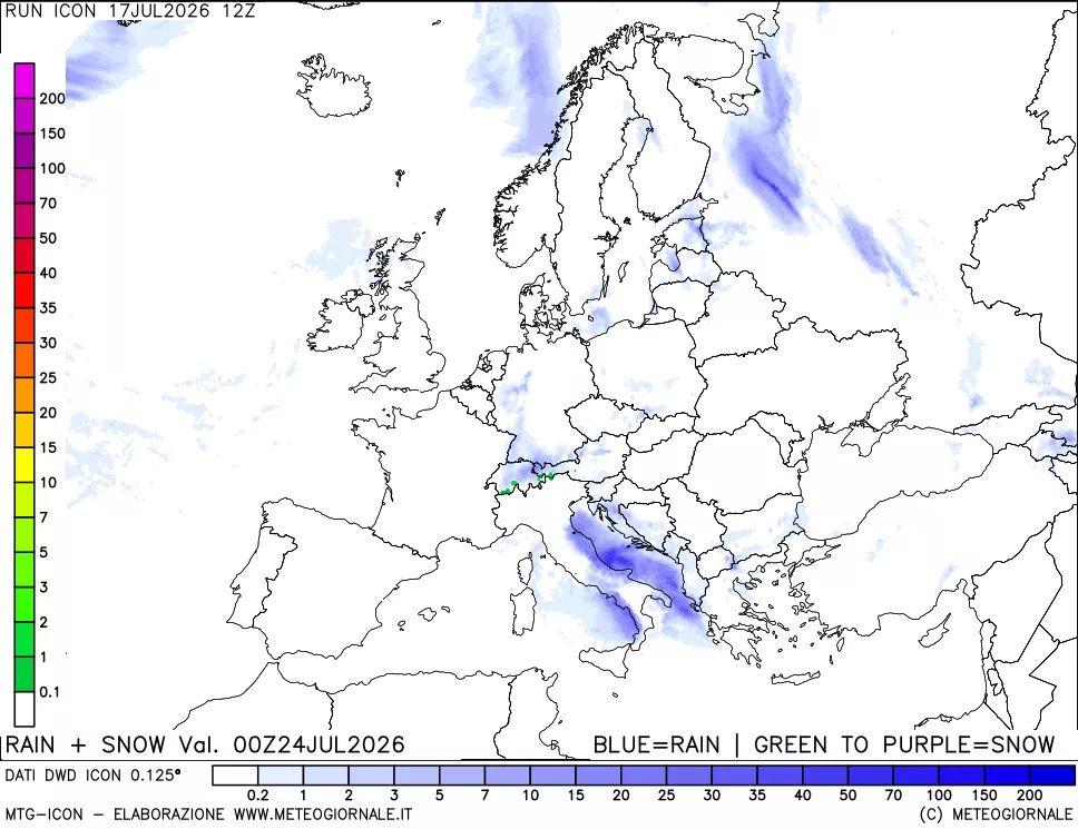 mappa Precipitazioni totali e nevose 24 ore precedenti