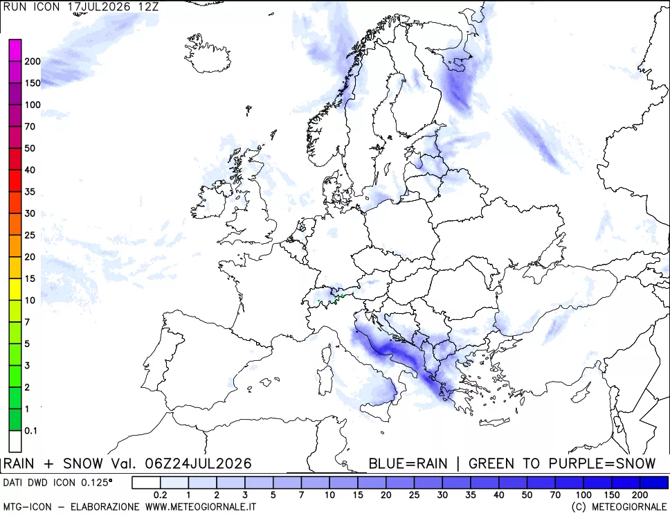 mappa Precipitazioni totali e nevose 24 ore precedenti