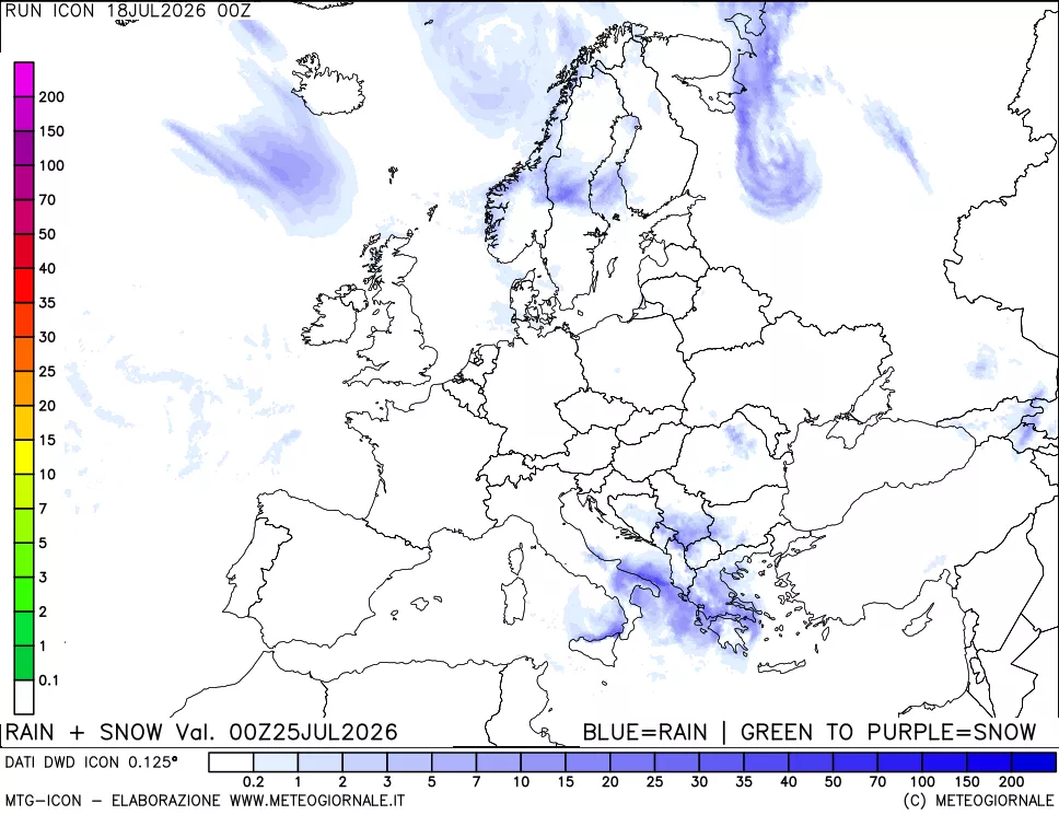 mappa Precipitazioni totali e nevose 24 ore precedenti