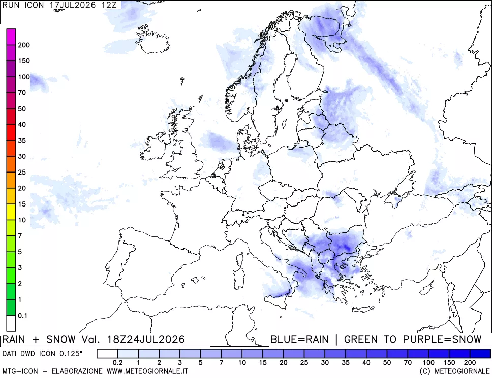 mappa Precipitazioni totali e nevose 24 ore precedenti