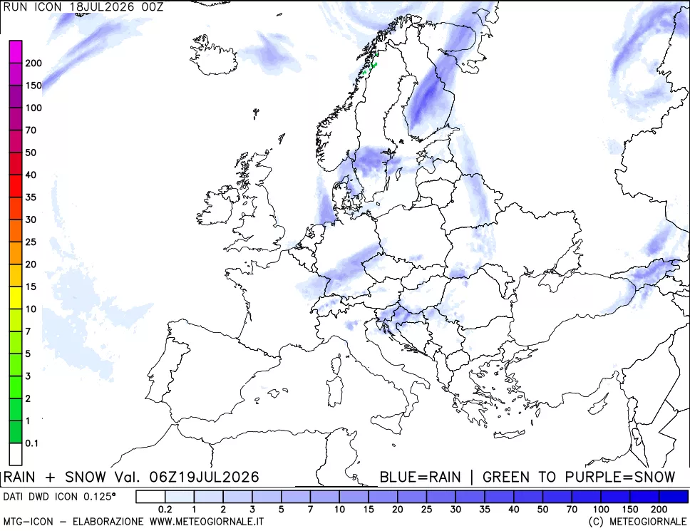 mappa Precipitazioni totali e nevose 24 ore precedenti