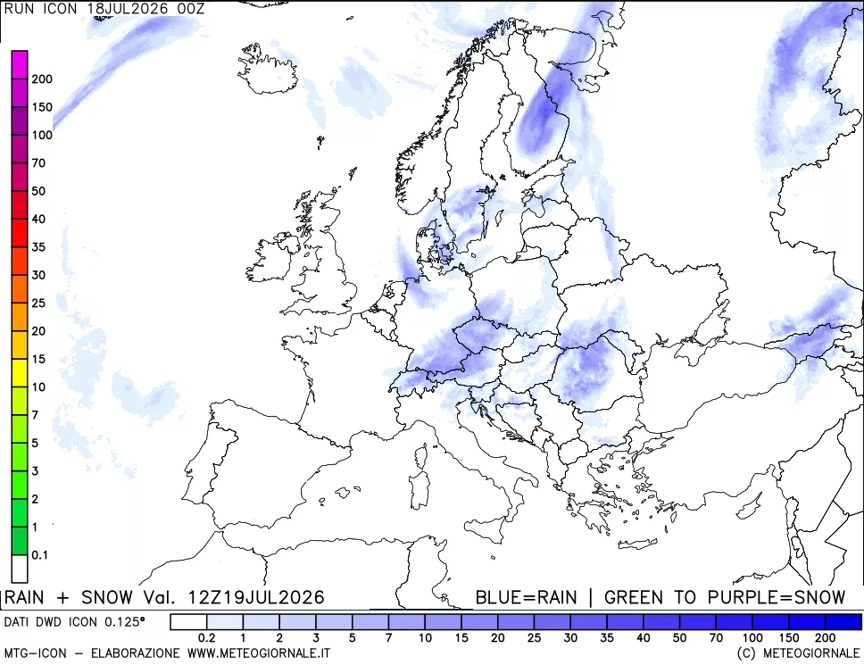 mappa Precipitazioni totali e nevose 24 ore precedenti