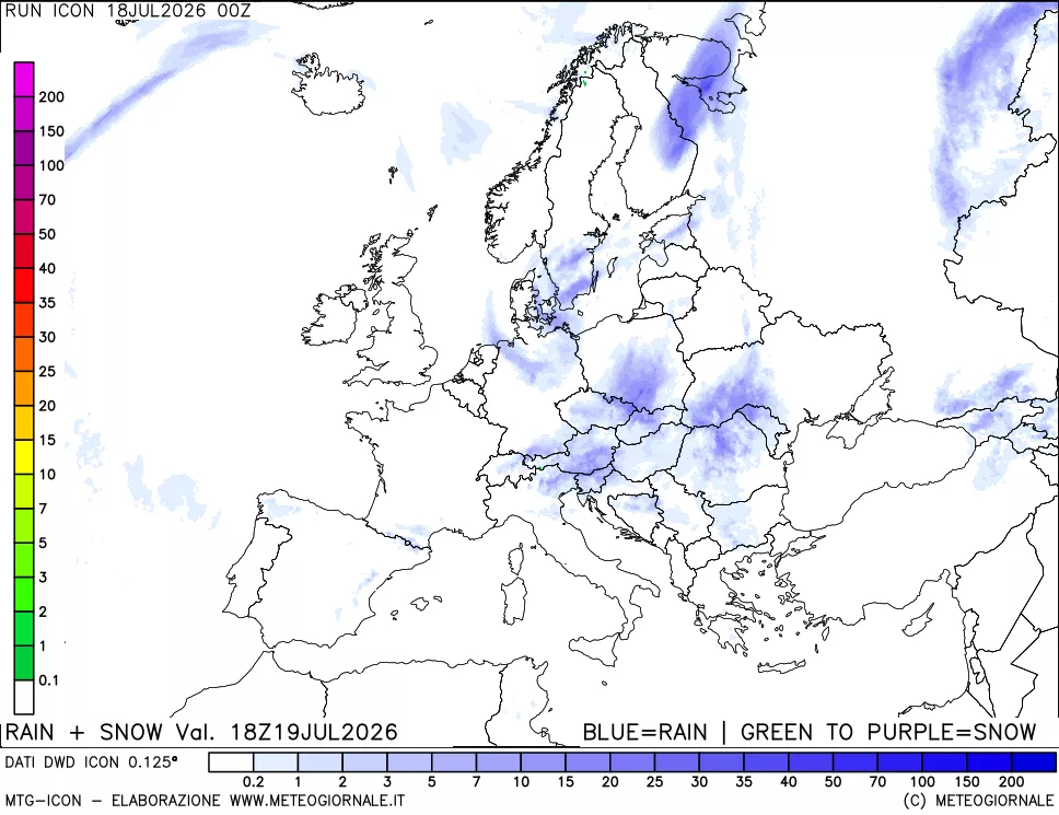 mappa Precipitazioni totali e nevose 24 ore precedenti
