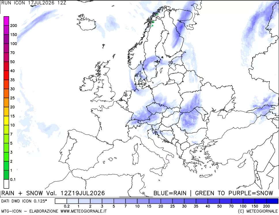 mappa Precipitazioni totali e nevose 24 ore precedenti