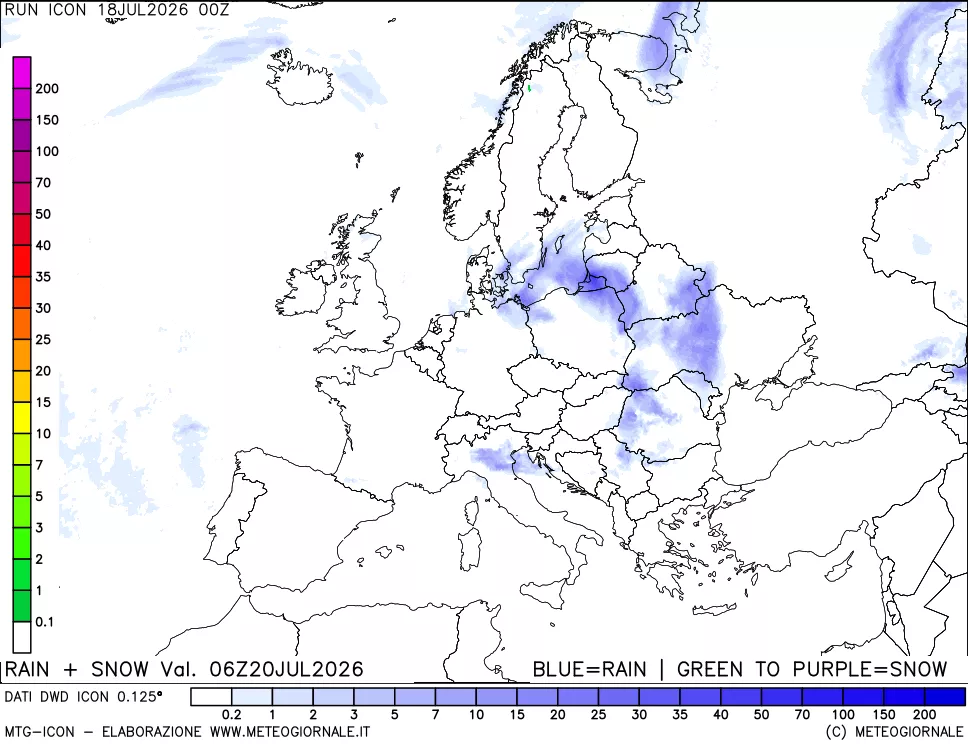mappa Precipitazioni totali e nevose 24 ore precedenti