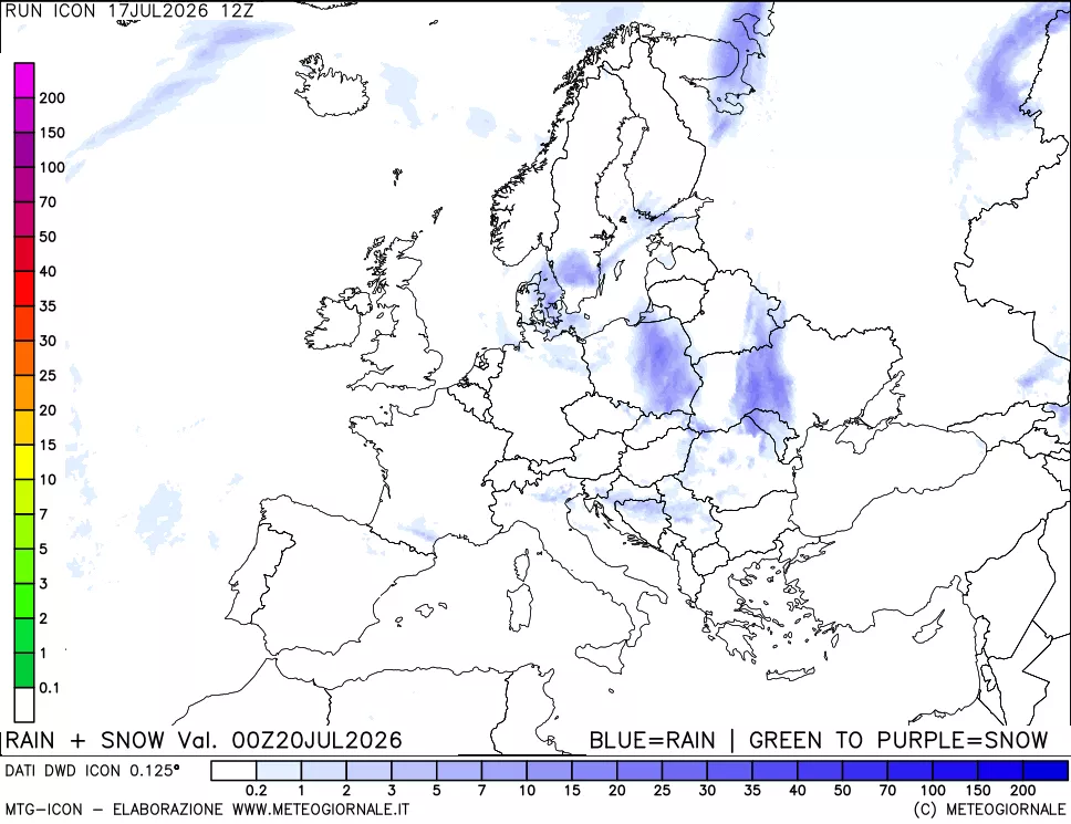 mappa Precipitazioni totali e nevose 24 ore precedenti