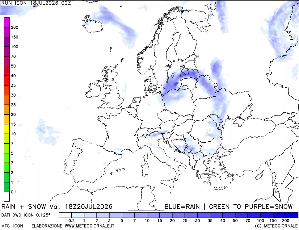 mappa Precipitazioni totali e nevose 24 ore precedenti