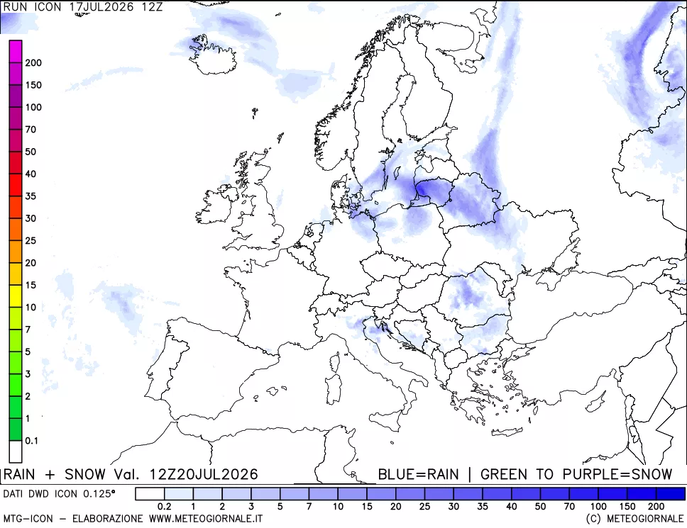mappa Precipitazioni totali e nevose 24 ore precedenti