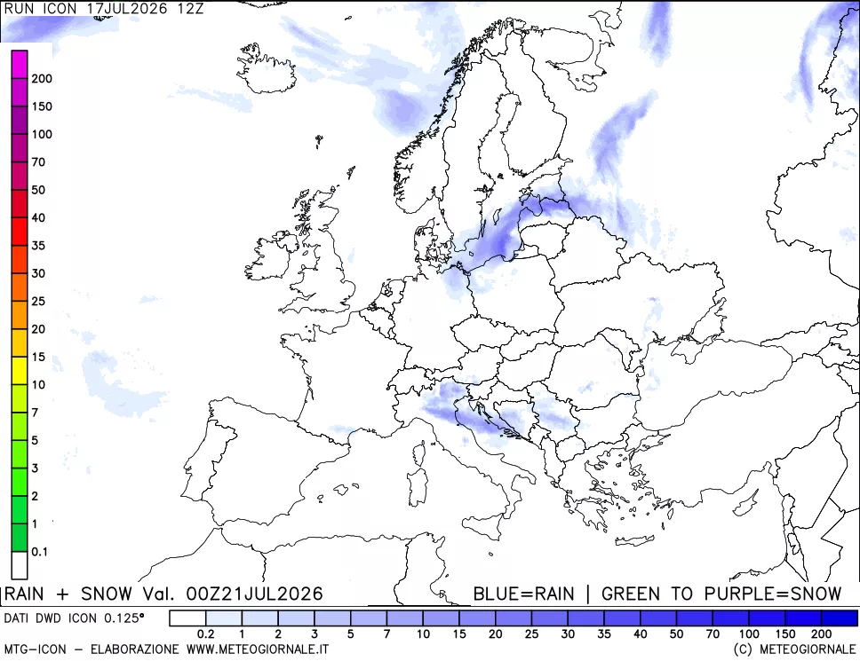 mappa Precipitazioni totali e nevose 24 ore precedenti