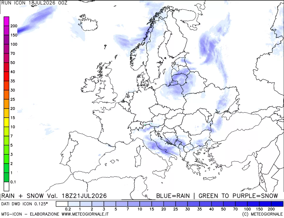 mappa Precipitazioni totali e nevose 24 ore precedenti