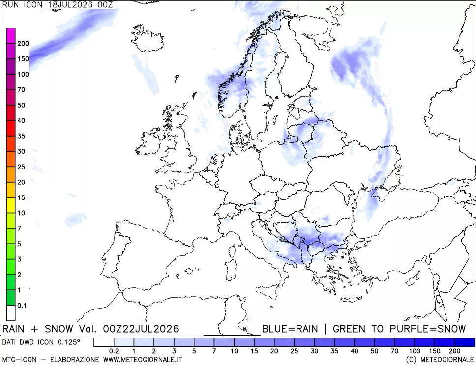 mappa Precipitazioni totali e nevose 24 ore precedenti
