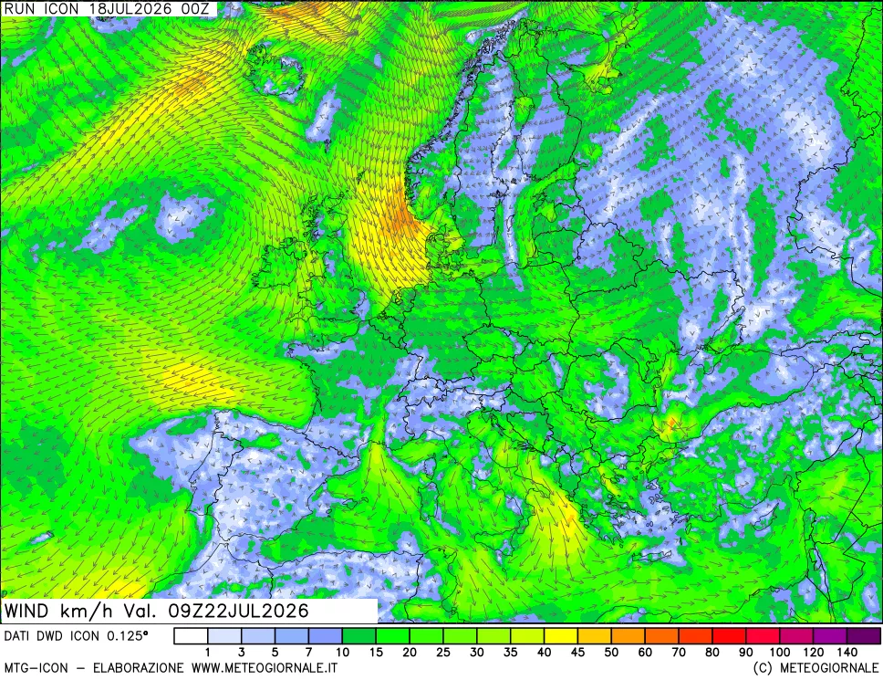 mappa 10 m Vento forza e direzione