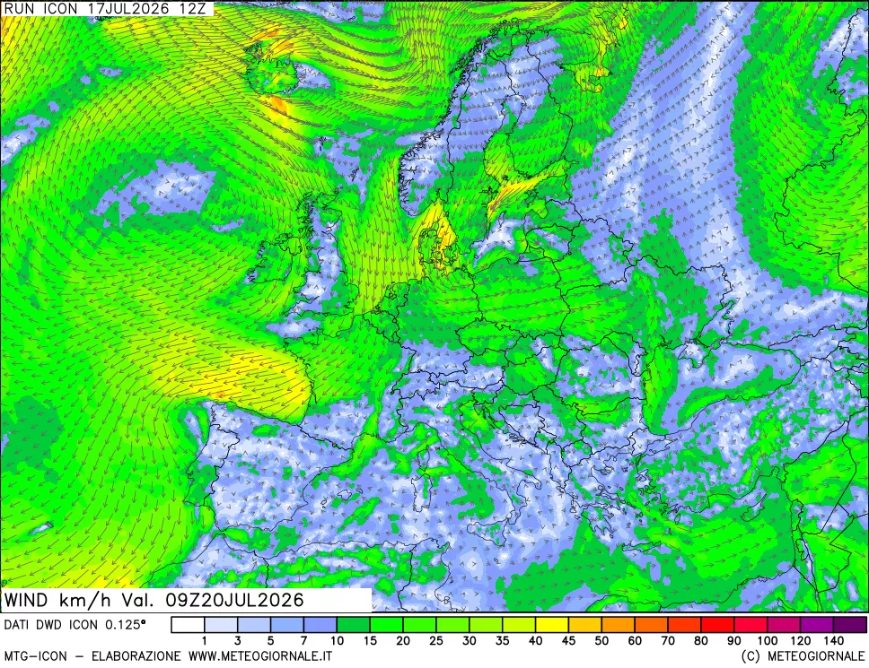 mappa 10 m Vento forza e direzione