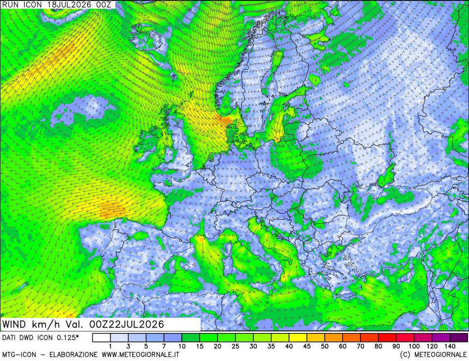 mappa 10 m Vento forza e direzione