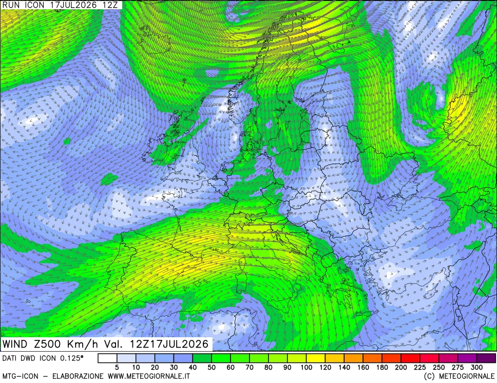 mappa 500 hPa Vento forza e direzione