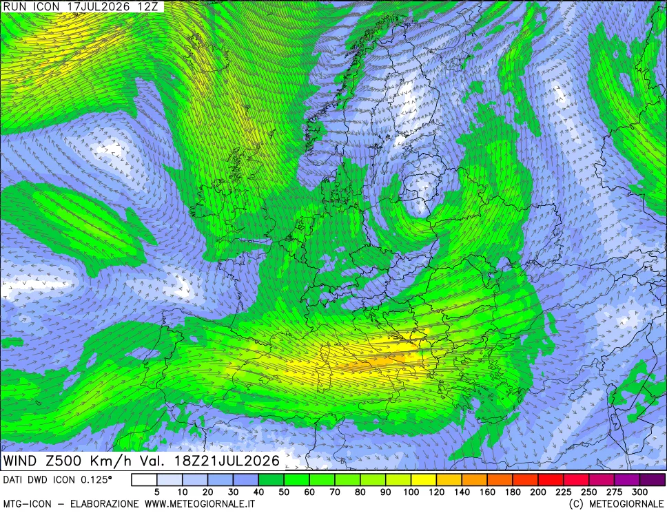 mappa 500 hPa Vento forza e direzione
