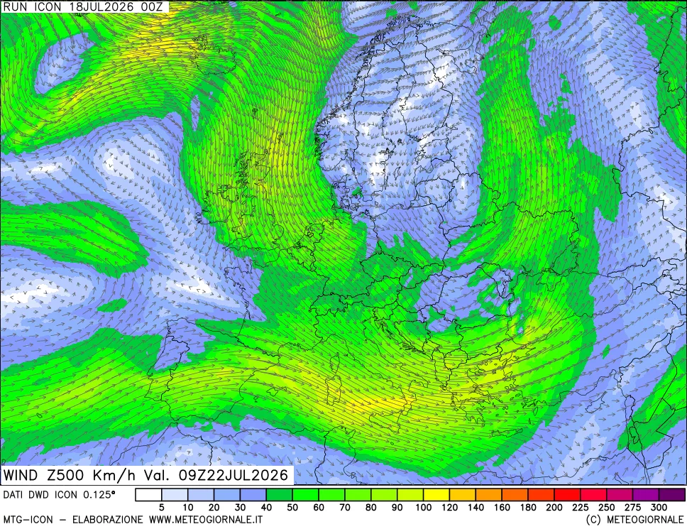 mappa 500 hPa Vento forza e direzione