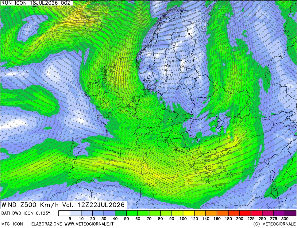 mappa 500 hPa Vento forza e direzione